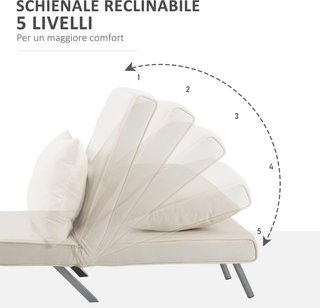 Sofá Cama Individual 3 en 1 Con Respaldo Reclinable En 5 Niveles Y Cojín, Sofá Cama Individual Plegable Para Sala Y Salón En Ante Y Acero, 65X69X80 Cm, Crema
