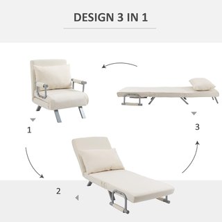 Sofá Cama Individual 3 en 1 Con Respaldo Reclinable En 5 Niveles Y Cojín, Sofá Cama Individual Plegable Para Sala Y Salón En Ante Y Acero, 65X69X80 Cm, Crema