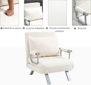 Sofá Cama Individual 3 en 1 Con Respaldo Reclinable En 5 Niveles Y Cojín, Sofá Cama Individual Plegable Para Sala Y Salón En Ante Y Acero, 65X69X80 Cm, Crema