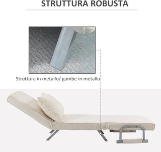 Sofá Cama Individual 3 en 1 Con Respaldo Reclinable En 5 Niveles Y Cojín, Sofá Cama Individual Plegable Para Sala Y Salón En Ante Y Acero, 65X69X80 Cm, Crema
