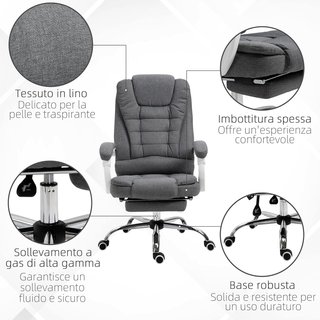 Silla De Oficina Ergonómica Reclinable Con Reposapiés Retráctil, Sillón De Oficina Giratorio Con Altura Ajustable, Respaldo Alto Y Apoyabrazos, En Tela, Gris