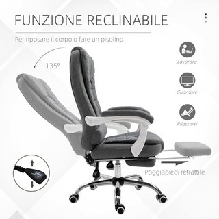 Silla De Oficina Ergonómica Reclinable Con Reposapiés Retráctil, Sillón De Oficina Giratorio Con Altura Ajustable, Respaldo Alto Y Apoyabrazos, En Tela, Gris