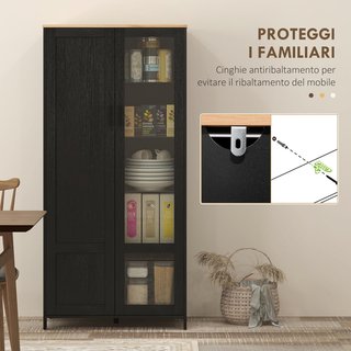 Mueble de Despensa de Cocina con 9 Estantes Regulables, Con Puertas de Vidrio y Base Elevada, Mueble de Cocina de Madera, 76X36X160 Cm, Negro y Color Madera