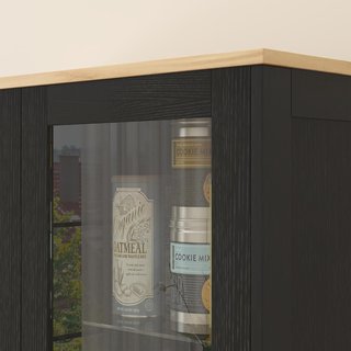Mueble de Despensa de Cocina con 9 Estantes Regulables, Con Puertas de Vidrio y Base Elevada, Mueble de Cocina de Madera, 76X36X160 Cm, Negro y Color Madera
