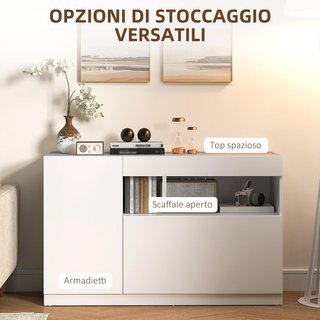 Credenza de Cocina Baja Con Puertas Amortiguadas, Mueble Buffet Con 2 Armarios, Estante Abierto, 2 Pasacables, Estante Regulable Y Sistema Antivuelco, Blanco