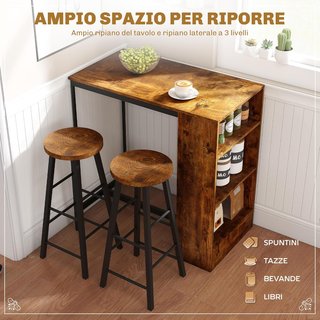 Conjunto De Comedor Con Barra Y 2 Taburetes Altos, Mesa Alta Con 3 Estantes Laterales Y Taburetes Con Reposapiés Estilo Industrial, Marrón