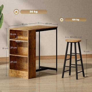 Conjunto De Comedor Con Barra Y 2 Taburetes Altos, Mesa Alta Con 3 Estantes Laterales Y Taburetes Con Reposapiés Estilo Industrial, Marrón