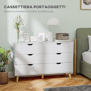 Cómoda de Dormitorio de 6 Cajones, Comoda Moderna con Manijas Talladas y Patas de Columna, Mueble para Sala de Estar, Habitación Infantil y Pasillo en Madera, 120X40X76 Cm, Blanco