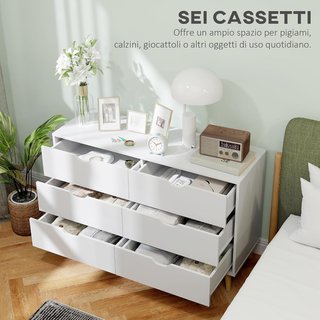 Cómoda de Dormitorio de 6 Cajones, Comoda Moderna con Manijas Talladas y Patas de Columna, Mueble para Sala de Estar, Habitación Infantil y Pasillo en Madera, 120X40X76 Cm, Blanco