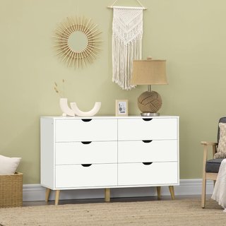 Cómoda de Dormitorio de 6 Cajones, Comoda Moderna con Manijas Talladas y Patas de Columna, Mueble para Sala de Estar, Habitación Infantil y Pasillo en Madera, 120X40X76 Cm, Blanco
