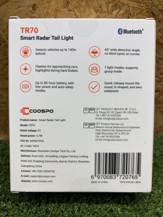 Luz Radar Ciclismo Coospo TR70