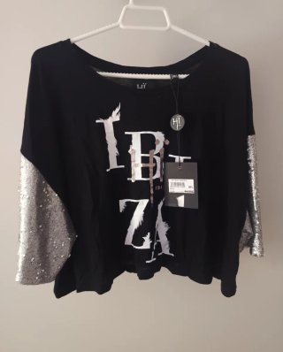 Camiseta Hi Ibiza Negra Lentejuelas Talla M/L