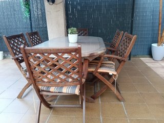 Mesa Teka y 6 Sillas de Jardín Madera con cojines