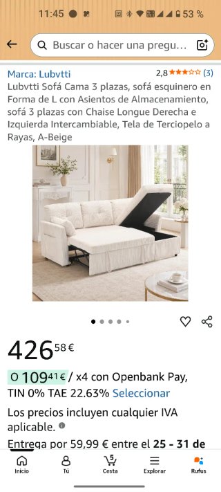 Sofá cama beige con baúl