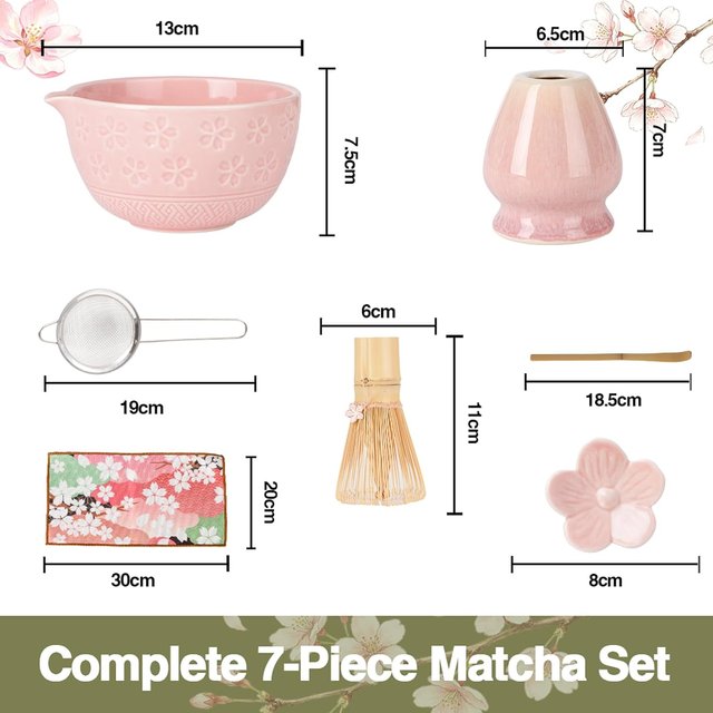 Kit Matcha 7 Piezas Batidor Bambú Rosa