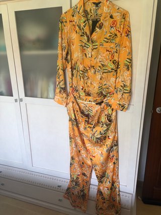 Conjunto pantalón y camisa Flores Naranja y Verde