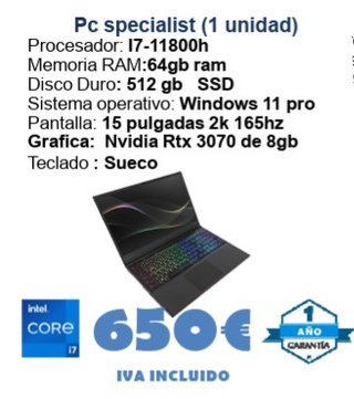 Pc Specialist i7-11800h 64GB RAM RTX 3070