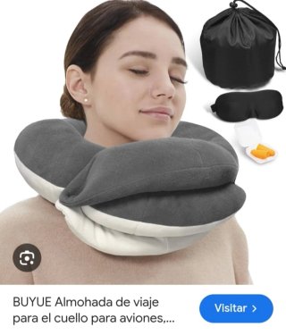 Almohada de viaje BUYUE gris y blanca. Cuello o