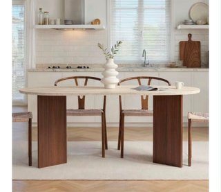Mesa de comedor ovalada piedra y madera