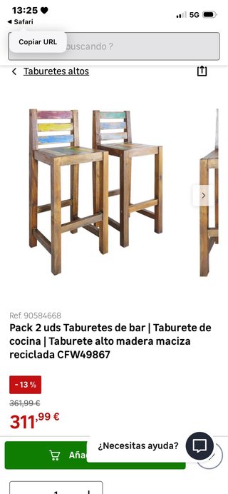 Mesa alta y 4 taburetes de madera
