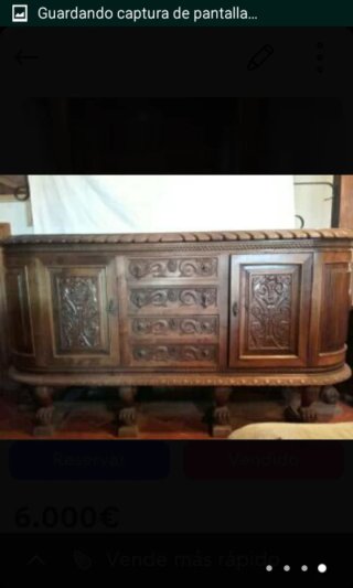 Mesa de comedor de nogal antigua con aparador,