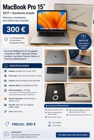 MacBook Pro 15 2017 i7 16GB RAM 1TB HDD