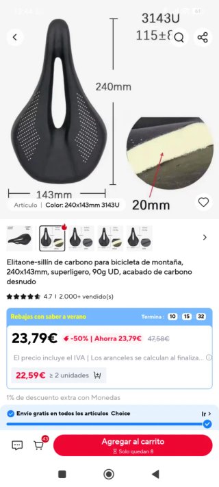 Sillín Bicicleta Carbono Elitaone 240x143mm