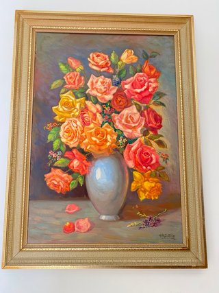 Cuadro antiguo flores rosas y jarro