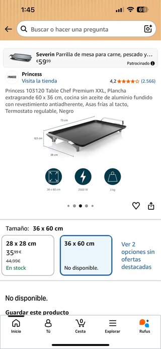 Plancha Princess 103120 XXL 60x36cm