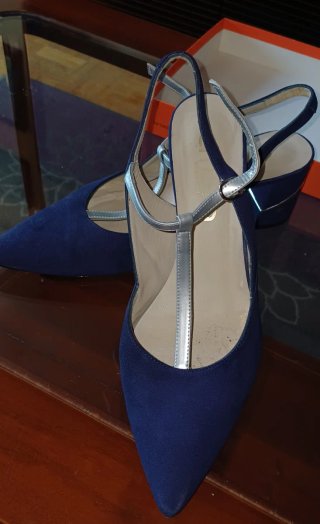 Zapatos T-Strap Ante Azul y Plata T40