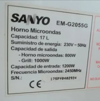 Microondas Sanyo EM-G2055G con Grill 1000w