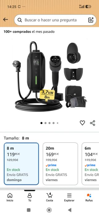 Cargador eléctrico tipo schuko 3,7 kwh 8 m decable