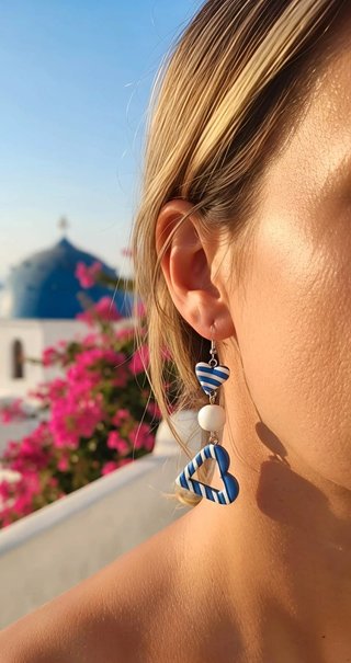 Orecchini artigianali pendenti cuori blu e bianchi