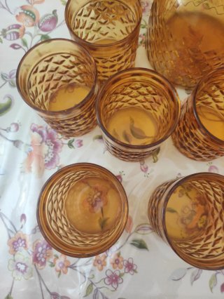 Set Brocca 9 Bicchieri Porta Ghiaccio Ambra Vintag