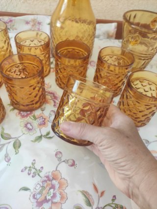 Set Brocca 9 Bicchieri Porta Ghiaccio Ambra Vintag