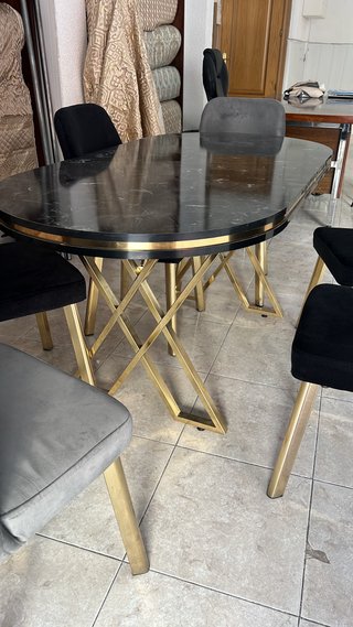 Mesa Comedor Efecto Mármol Negro y 6 Sillas