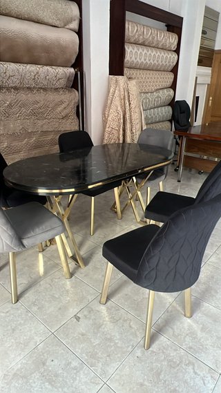 Mesa Comedor Efecto Mármol Negro y 6 Sillas
