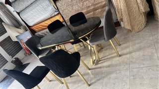 Mesa Comedor Efecto Mármol Negro y 6 Sillas