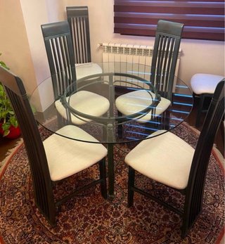 Mesa cristal redonda y 6 sillas