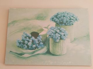 Cuadro antiguo flores azules y verdes