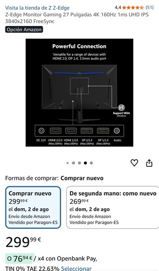 Monitor Gaming Z-Edge 27” 4K 160Hz 1ms -Sin abrir