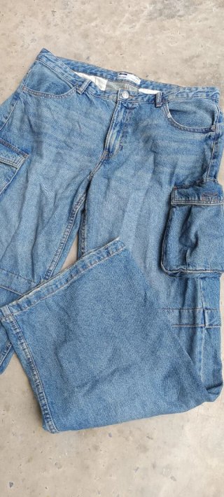 Pantalón Cargo Vaquero Bershka | Denim Azul Ancho