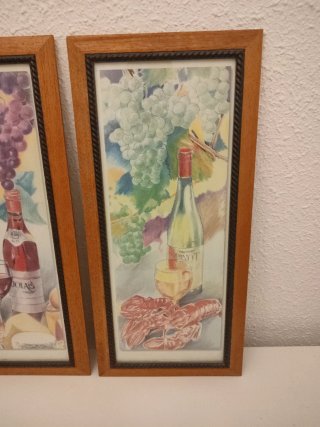 Dos cuadros bodegón vino y marisco