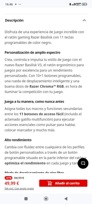 Ratón Gaming Razer Basilisk V3 Cable 26000  NUEVO