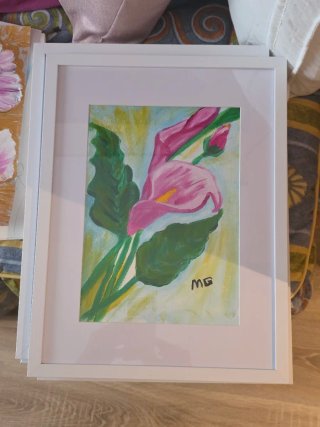 Cuadro Pintura Flor Rosa Marco Blanco 30x49