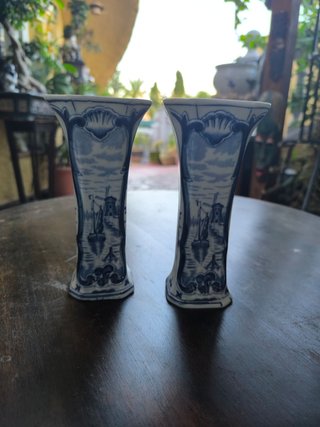 Juego de 2 Floreros Cerámica Azul y Blanco