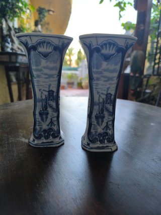 Juego de 2 Floreros Cerámica Azul y Blanco