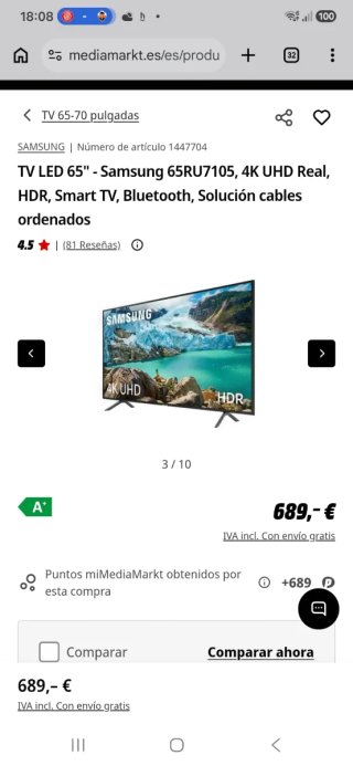 Smart TV 65" 4K UHD HDR Samsung