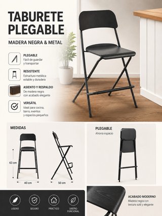 Taburete Plegable Madera Negra y Metal