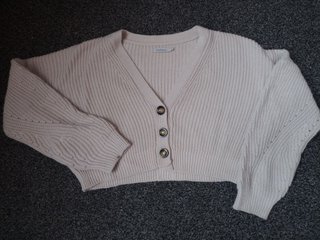 Cardigan Beige Vintage maglia coste/treccia V-neck
